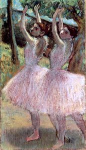 Dancers in violet dresses, arms raised, c.1900