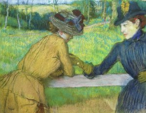 Two women leaning on a gate